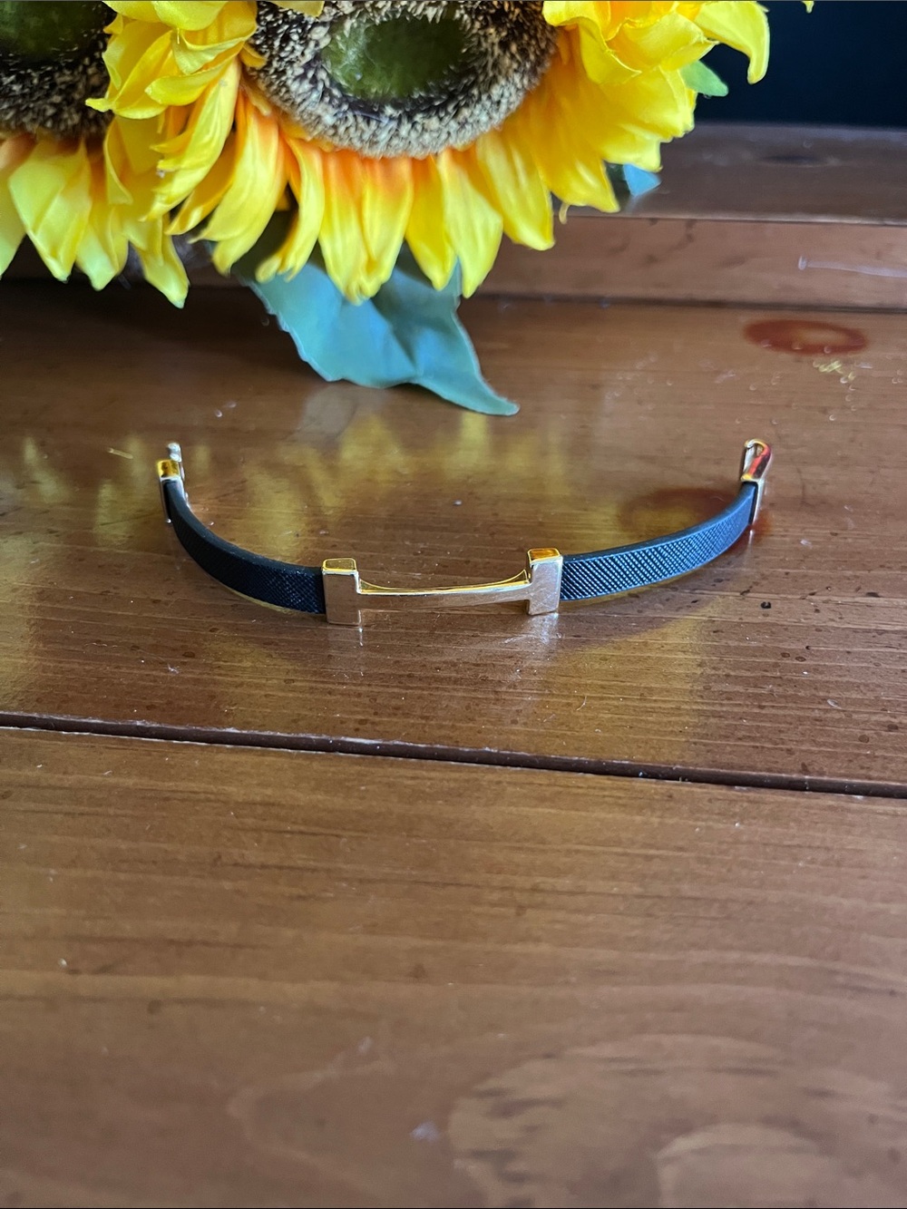 Elegant Black and Gold Leather Cuff Bracelet - Women's Accessory